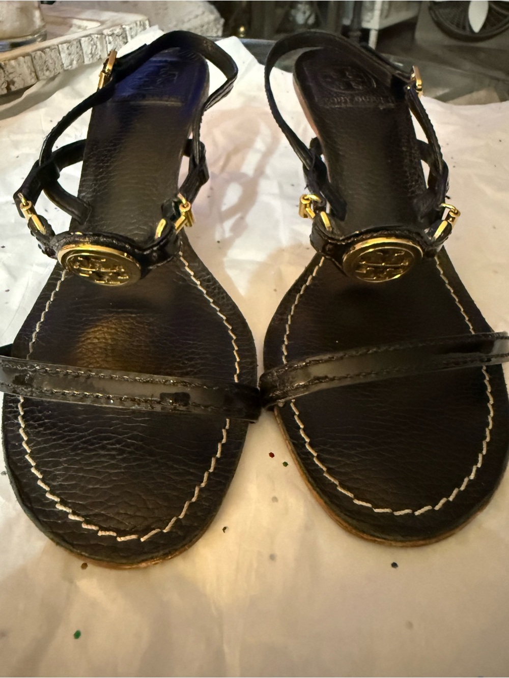 Tory Burch Black Mira Tumbled Leather Sandal Kitten Heel Size 7.5
